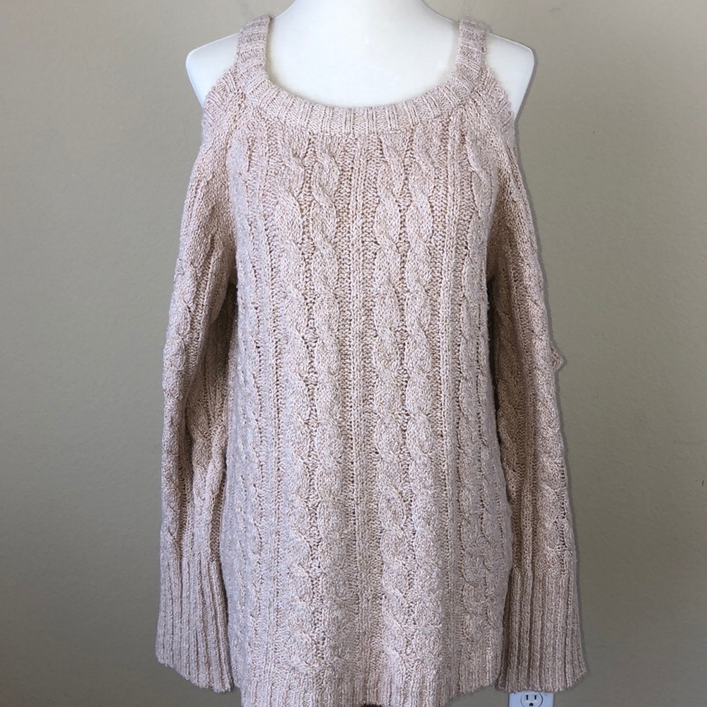 Olivaceous Tan Super Soft Cold Shoulder Long Sleeve Sweater - Size Small
